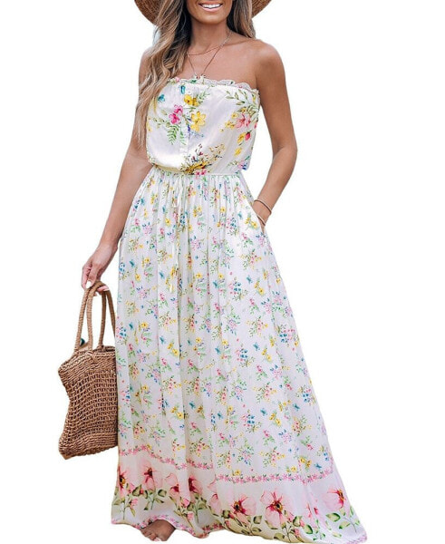 Women's Soft Floral Tie Waist Maxi Tube Beach Dress