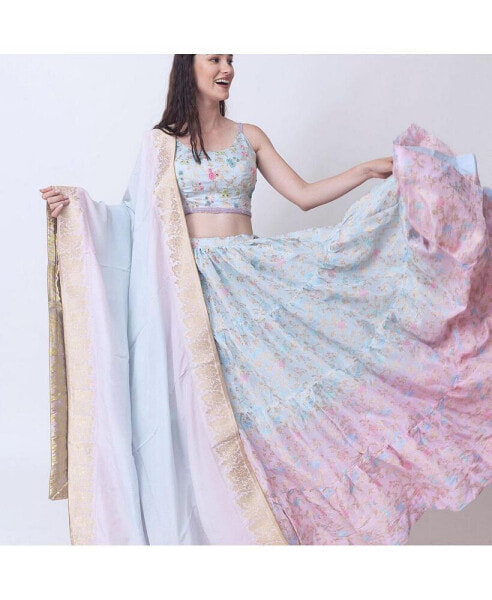 Women's Pastel Floral Jacquard Silk Crop Top with Beadwork and Tiered Skirt Set with Dupatta