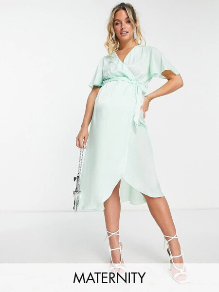 River island Maternity flutter sleeve satin wrap midi dress in sage green