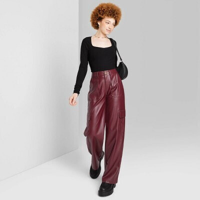 Women's High-Rise Straight Leg Faux Leather Cargo Pants - Wild Fable