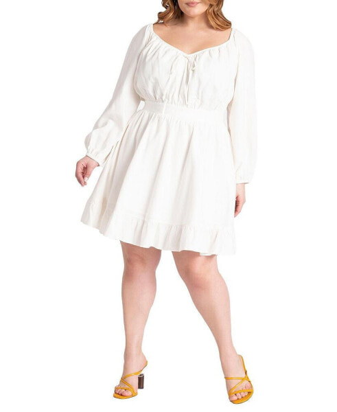 Plus Size Puff Sleeve Linen Mini Dress