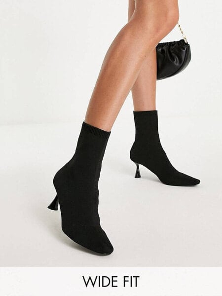 ASOS DESIGN Wide Fit Rightly knitted heeled sock boots in black