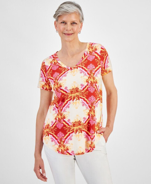 Women's Printed V-Neck Short-Sleeve Knit Top, Created for Macy's