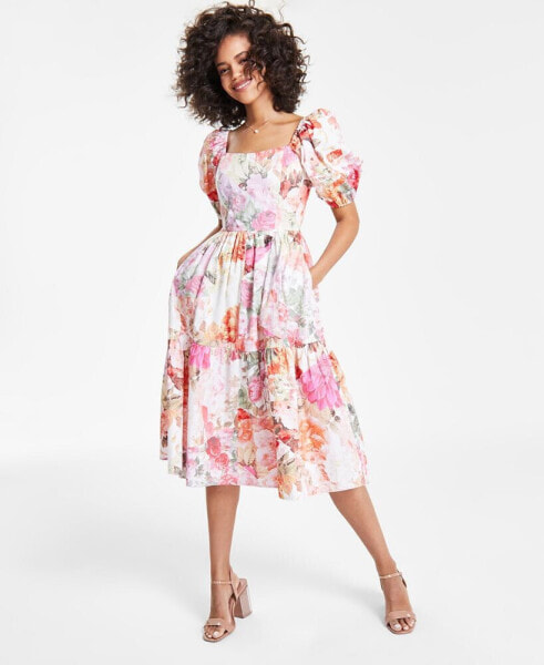 Petite Floral-Print Puff-Sleeve Midi Dress