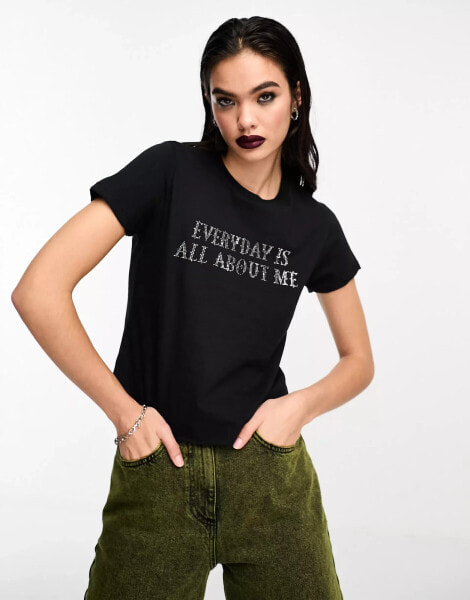 ASOS DESIGN Wednesday Addams baby tee with studded slogan licence graphic in black