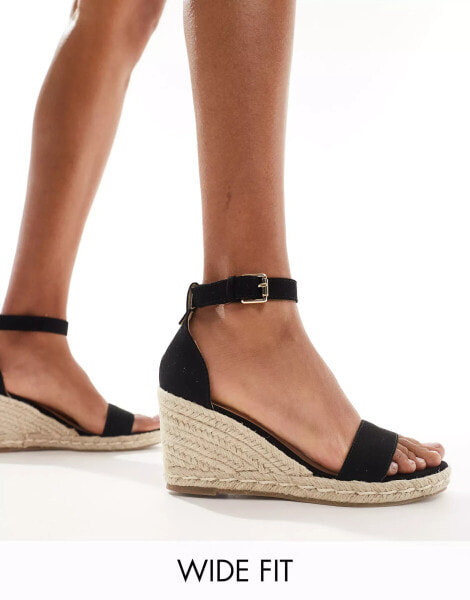 Truffle Collection wide fit jute wedge heeled espadrille in black