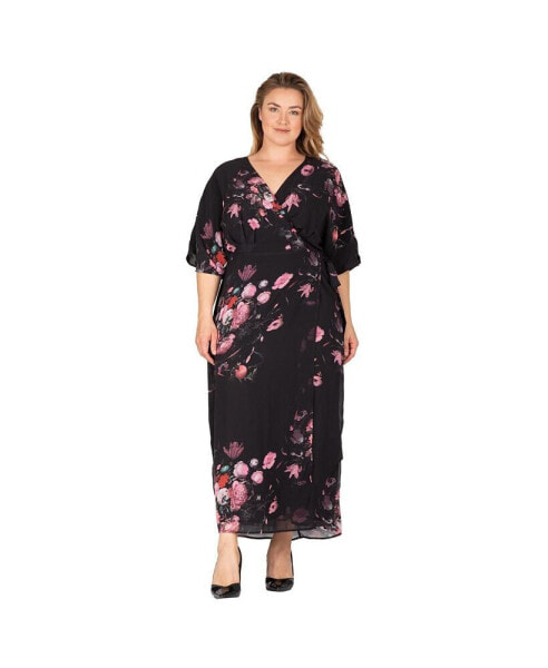 Plus Size V-Neck Print Kimono Wrap Maxi Dress