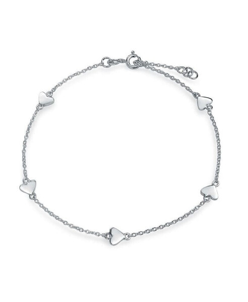 Multi Love Heart Station Anklet Chain Ankle Bracelet For Women .925 Sterling Silver Adjustable 9 To 10 Inch With Extender