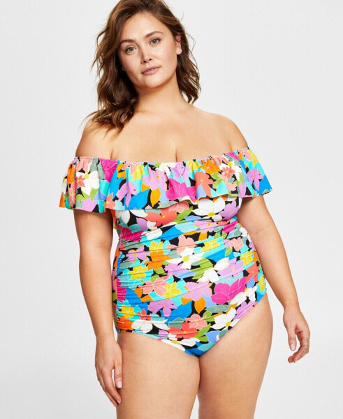 Swim Solutions Plus Size Tummy Control Off-The-Shoulder Ruffled Swimsuit, 20W