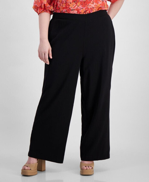 Plus Size Flat Front Elastic Waist Wide-Leg Pants