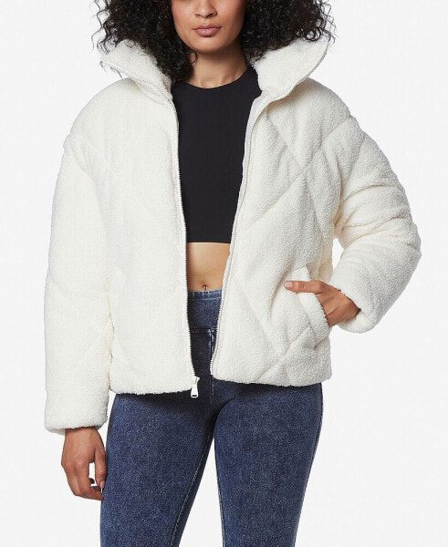 Women's Faux Poodle Fur Diamond Quilted Puffer Jacket