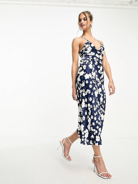 & Other Stories open back satin slip midi dress in blue floral