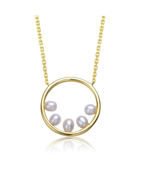 Sterling Silver 14k Yellow Gold Plated with White Freshwater Pearl Halo Eternity Circle Pendant Layering Necklace