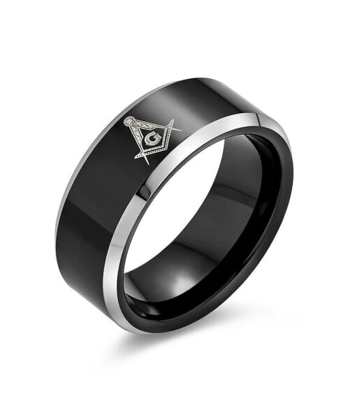 Laser Etched Square Compass Freemason Masonic Black Titanium Band Ring For Men Comfort Fit 8MM