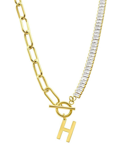 14K Gold-Plated Half Crystal and Half Paperclip Initial Toggle Necklace