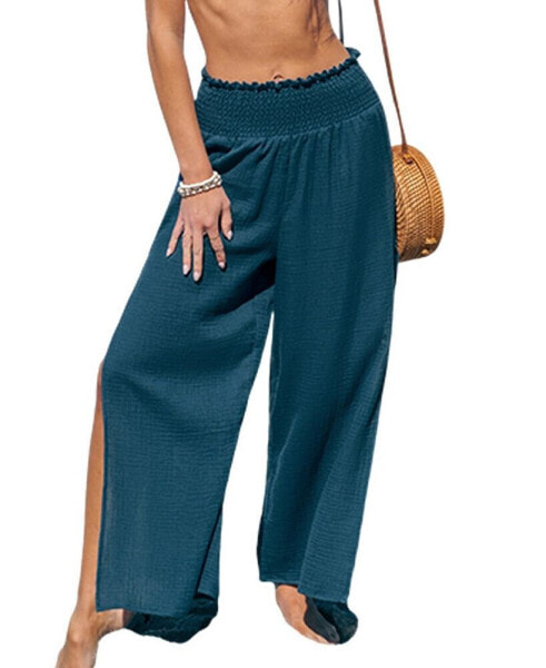 Women's Blue Smocked Waist Straight Leg Split Seam Pants