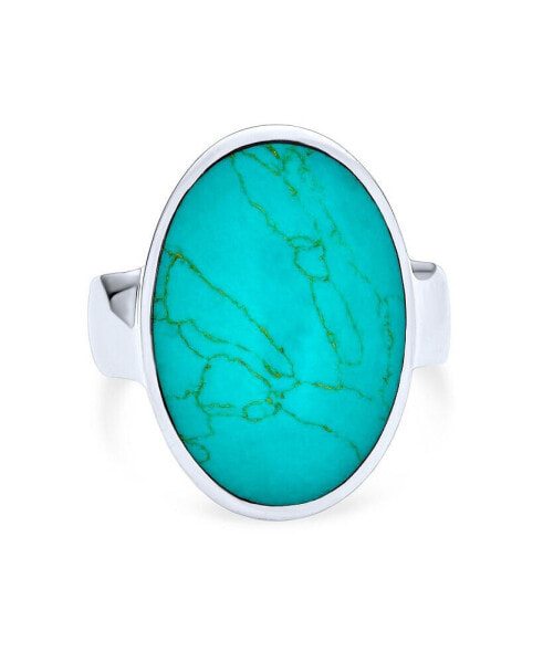 Simple Large Dome Oval Cabochon Gemstone Bezel Set Blue Turquoise Western Statement Ring For Women .925 Sterling Silver