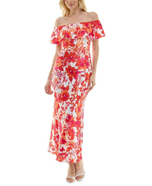 Juniors' Off-the-Shoulder Printed Satin Gown