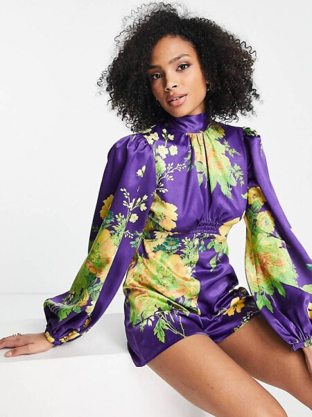 ASOS DESIGN satin puff sleeve playsuit in oversized wild flower print 