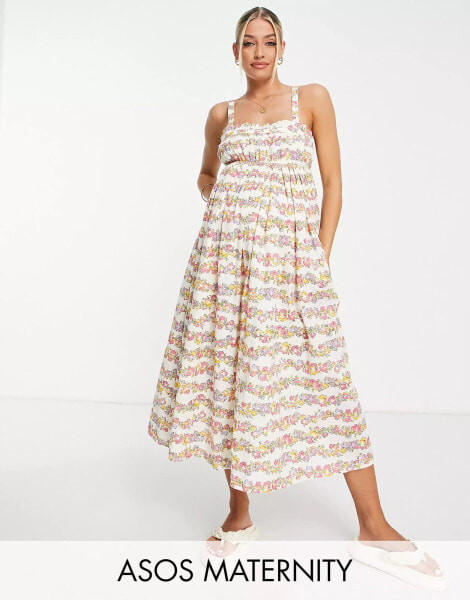 ASOS DESIGN Maternity strappy midi skater sundress in floral stripe