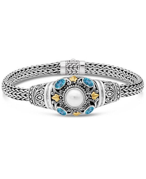 Blue Topaz & Freshwater Cultured Pearl Bali Filigree with Dragon Bone Chain Bracelet in Sterling Silver and 18K Gold
