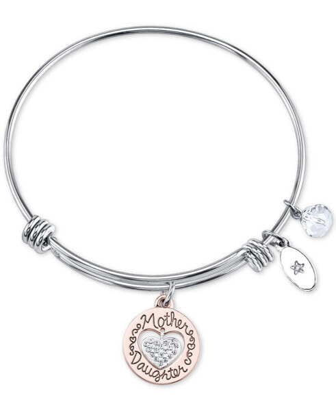 Two-Tone Mother & Daughter Heart Charm Bangle Bracelet in Rose Gold-Tone & Stainless Steel with Silver Plated Charms