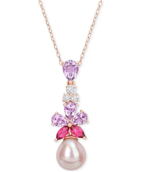 Pink Cultured Freshwater Pearl (9-1/2mm) & Multi-Gemstone (2-3/8 ct. t.w.) 18" Pendant Necklace in 18k Rose Gold-Plated Sterling Silver