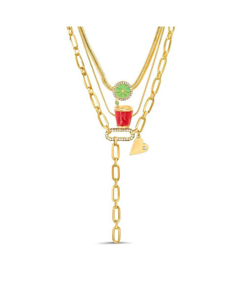 Multi 3 Piece Mixed Chain Necklace Set with Red Cup, Line and Heart Charm Pendants
