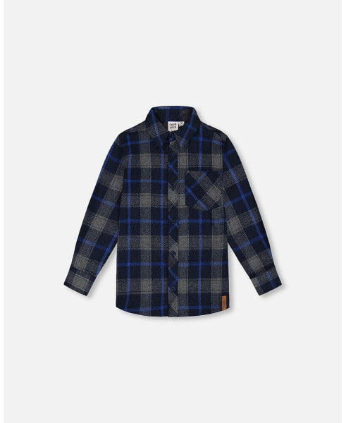 Big Boys Button Down Flannel Shirt With Pocket Plaid Navy And Gray