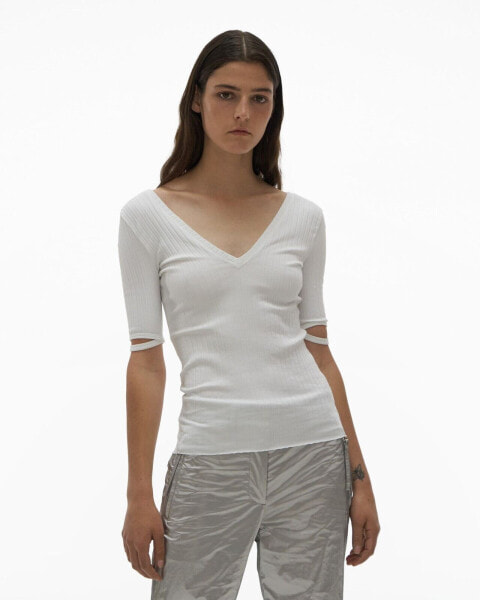 Helmut Lang 289312 Women's V-NECK RIBBED TEE White Size Large