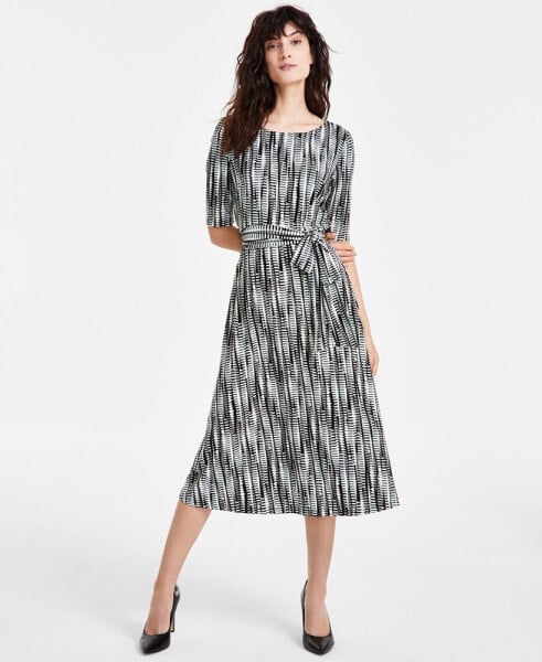 Petite Printed Fit & Flare Belted Dress