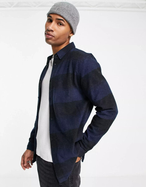 Threadbare large buffalo check overshirt in navy