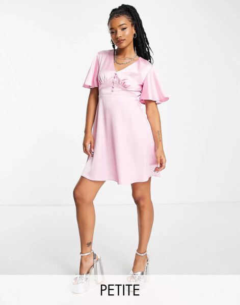 Женское мини-платье Flounce London Petite Satin-Minikleid in Rosa mit Flatterärmeln