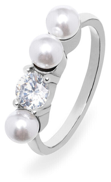 Elegant steel ring with zircon and pearls VEDR0341S