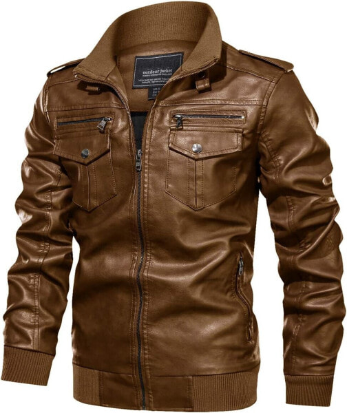 KEFITEVD Men's Faux Leather Biker Jacket, Winter Army Jacket with Stand-Up Collar, Vintage PU Leather, Casual Aviator / Motorcycle Jacket