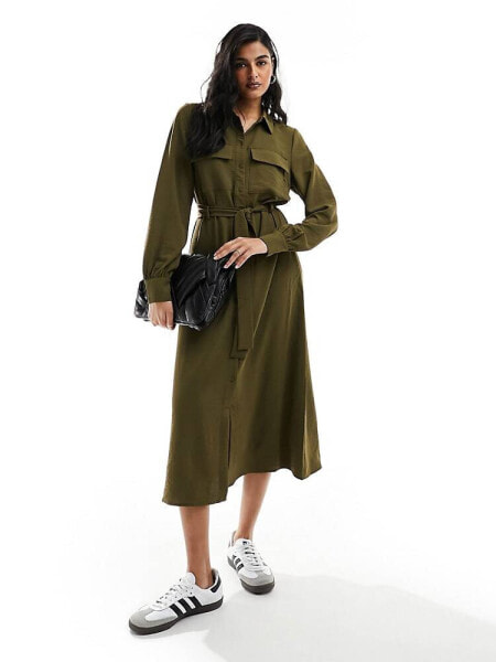 Vila midi shirt dress with tie waist belt in olive 