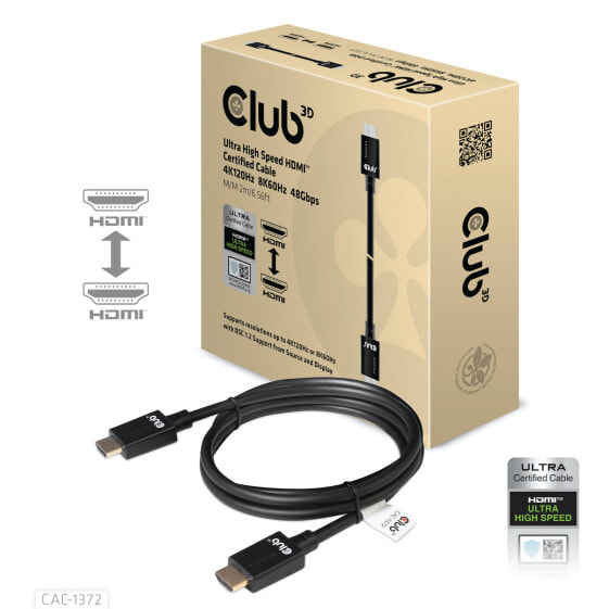 Club 3D Ultra High Speed HDMI 4K120Hz - 8K60Hz Certified Cable 48Gbps M/M 2 m / 6.56 ft - 2 m - HDMI Type A (Standard) - HDMI Type A (Standard) - 10240 x 4320 pixels - 3D - Black