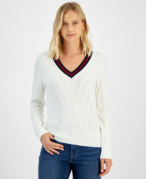 Women's Contrast Stripe V-Neck Cable Knit Sweater