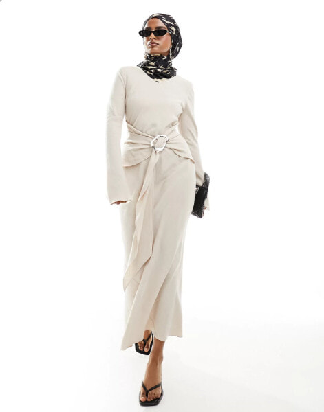 Daska long sleeve maxi dress with fluted hem and belt detail in cream