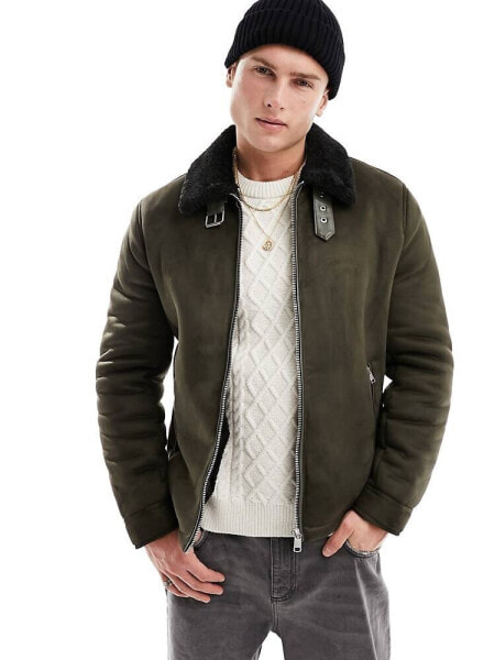 River Island shearling aviator jacket in dark green