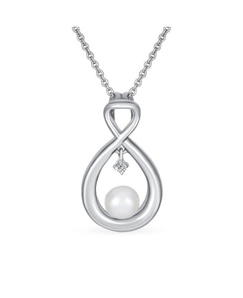 Bling Jewelry elegant Bridal Forever Knot Intertwined CZ Accented Infinity Teardrop Cultured Freshwater White Pearl Necklace Pendant For Women Wedding .925 Sterling Silver 16-18 Inch