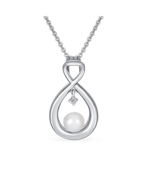 Forever Knot Intertwined CZ Accented Infinity Teardrop Cultured Freshwater White Pearl Necklace Pendant Sterling Silver 16-18 Inch