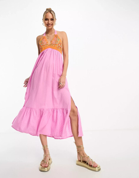 Vero Moda – Maxikleid in Rosa mit besticktem Oberteil in Orange