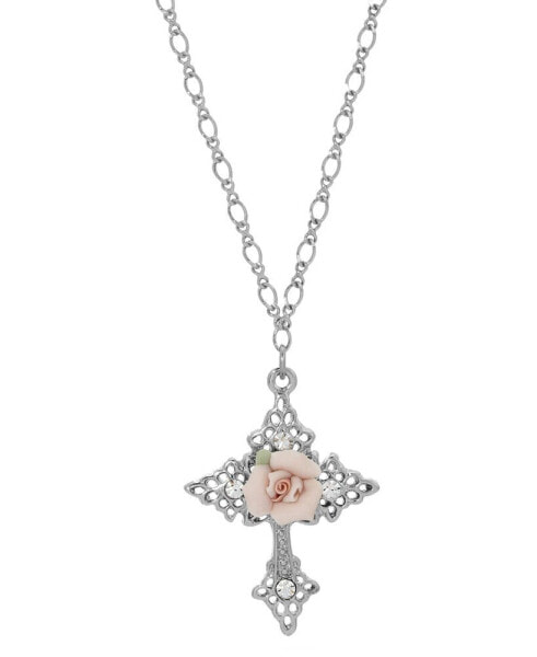 Symbols of Faith silver-Tone Crystal Porcelain Rose Cross Pendant Necklace