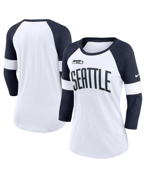 Women's Seattle Seahawks White, Heather College Navy Football Pride Raglan 3/4-Sleeve T-shirt
