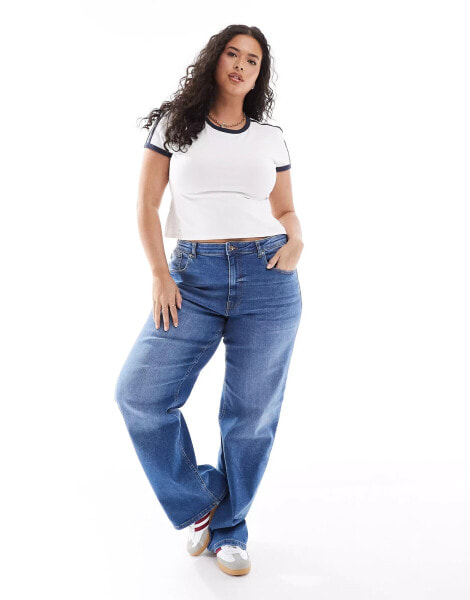 ONLY Curve Juicy wide leg jeans in mid blue