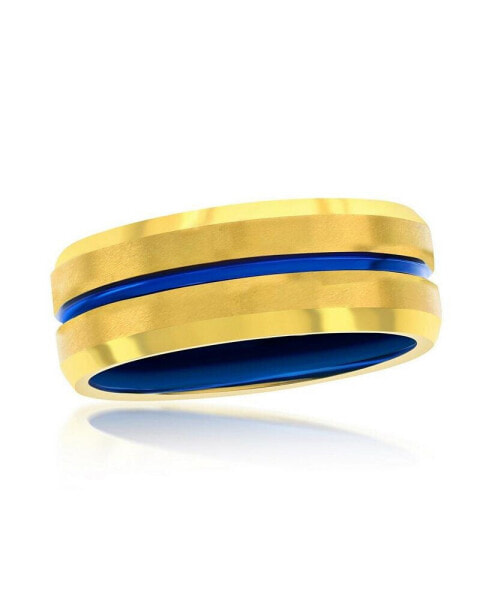 Gold & Blue Stripe Tungsten Ring - Matte & Polished