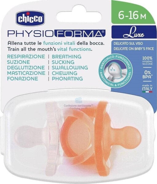 Chicco PhysioForma Luxe smoczek silikonowy uspokajający 6-16m Pomarańczowy 2szt.