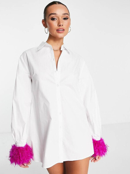 Jaded Rose balloon sleeve shirt dress in white with bright faux feather cuffs