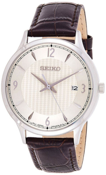 Seiko SGEH83P1 Men's Classic Cream Dial Brown Leather Strap Watch NEW